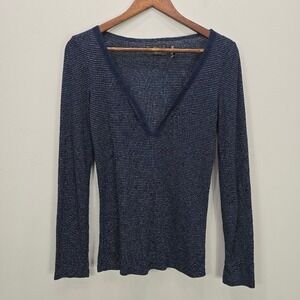 Vtg 90s Y2K Guess Henley Top M Blue Silver Striped Long Sleeve V Neck Fitted